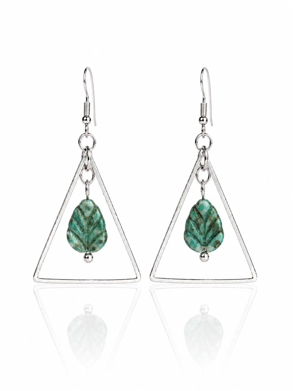 Boho Geometric Turquoise Leaf Dangle Earrings Silver Tone - Picture 6 of 6